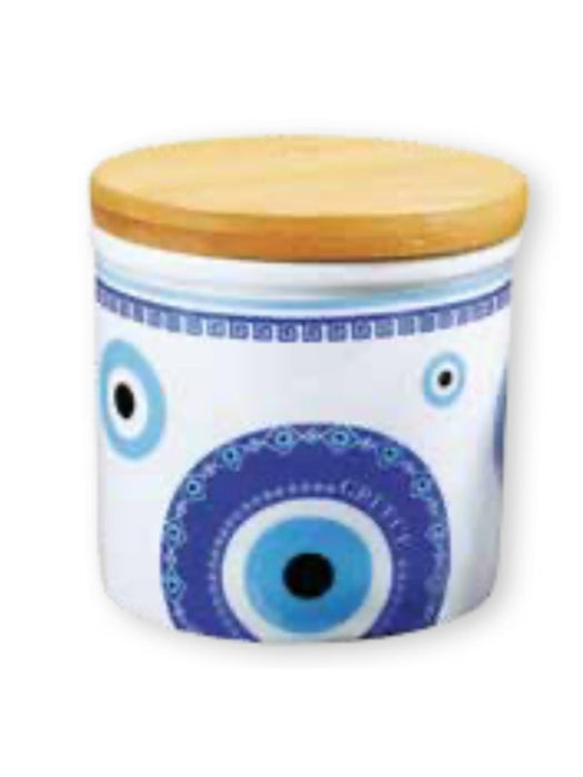 Moutsos Cylindrisk Krukke (porcelæn) m/ Trælåg Øjedesign 9x8,5cm