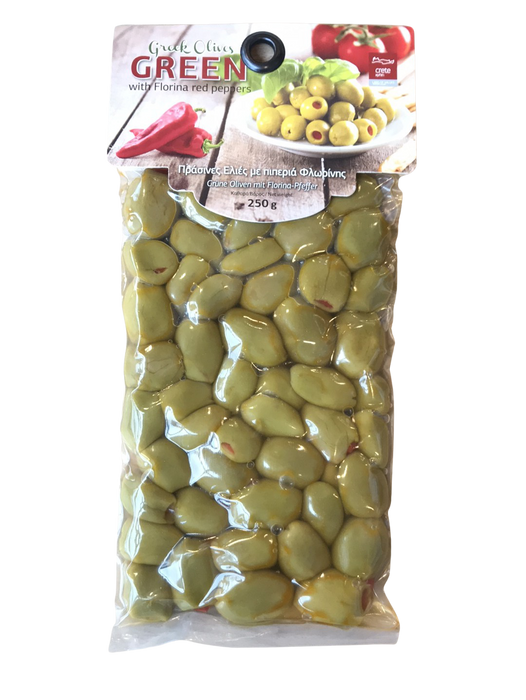Cretan Beauty Green Olives w/ Red Pepper 250g